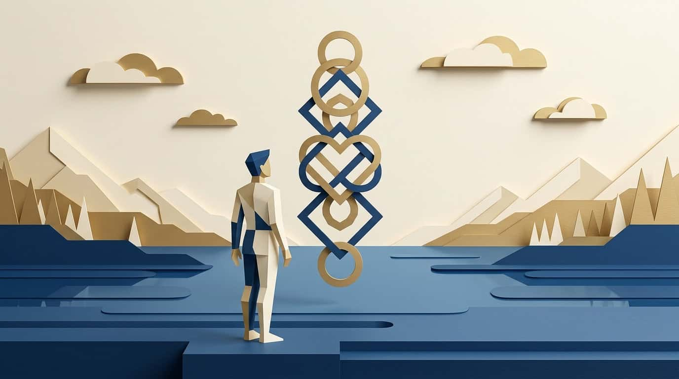 Illustration of a figure pausing before a tower of interlocking geometric shapes