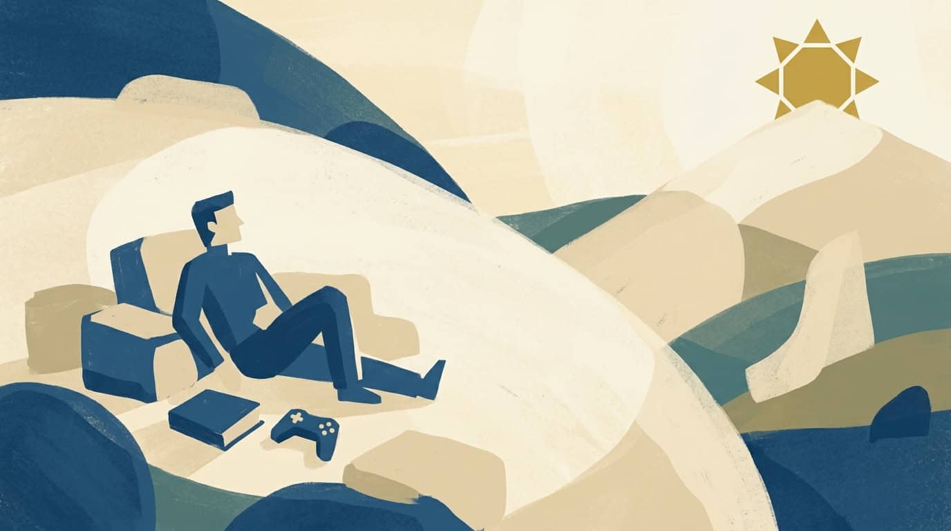 Illustration of a person resting and looking towards a distant sun