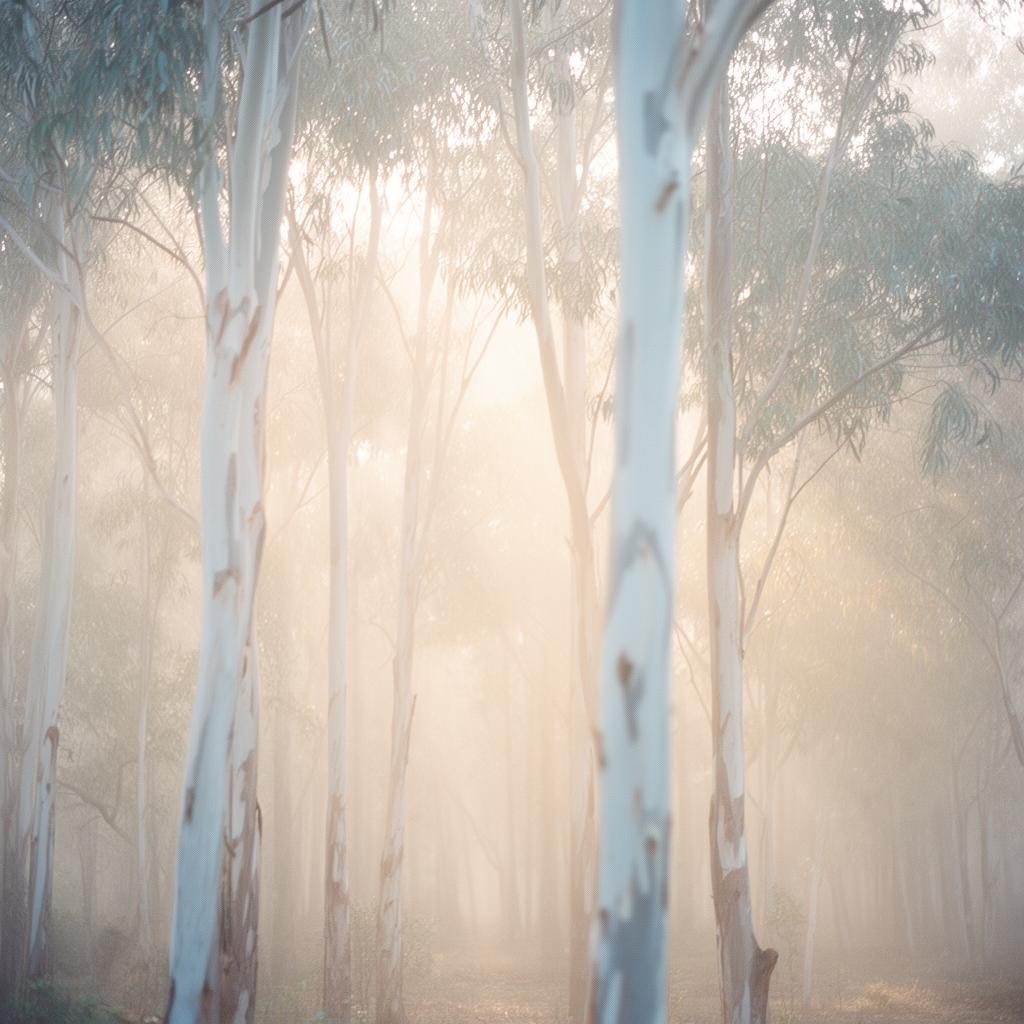 Soft warm light through misty eucalyptus trees